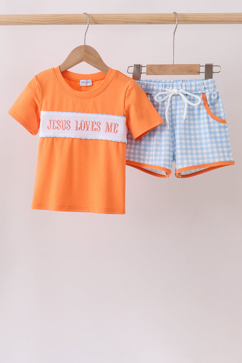 Coral Jesus Loves me Smocked Gingham Shorts Set