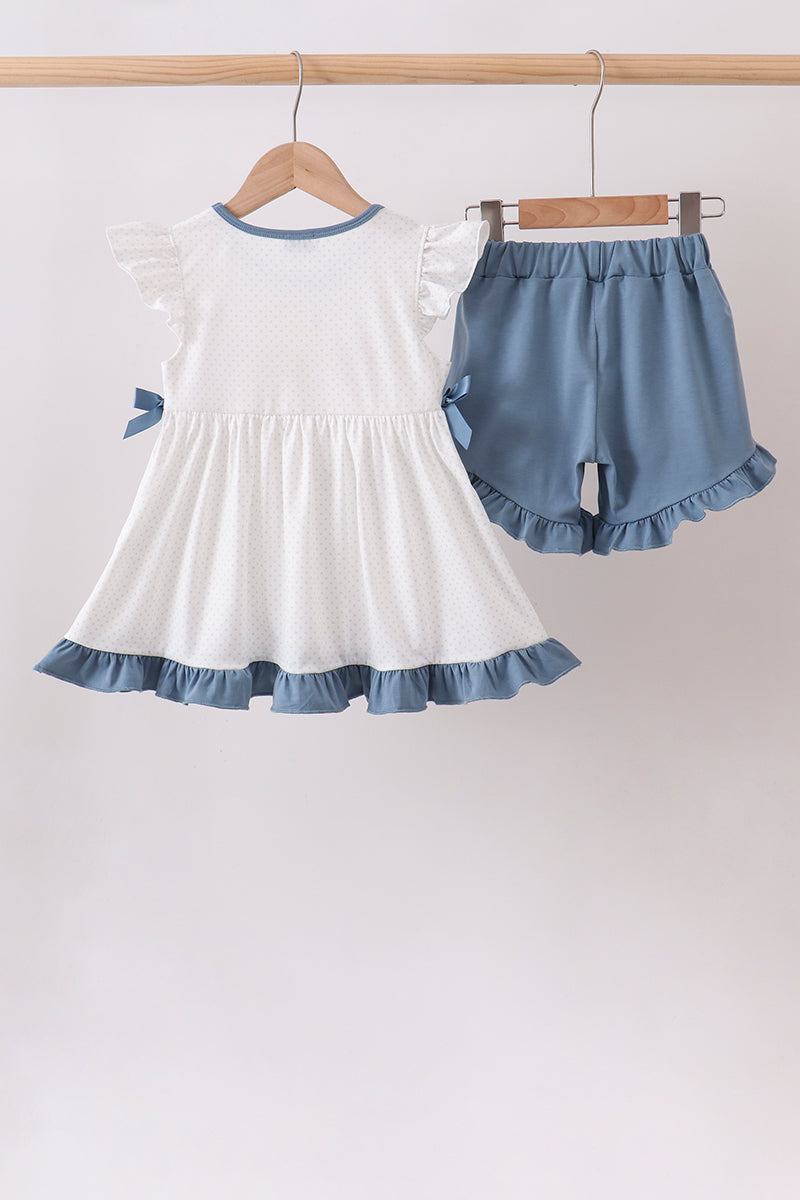 Blue Apple Crayon French Knot Ruffle Shorts Set