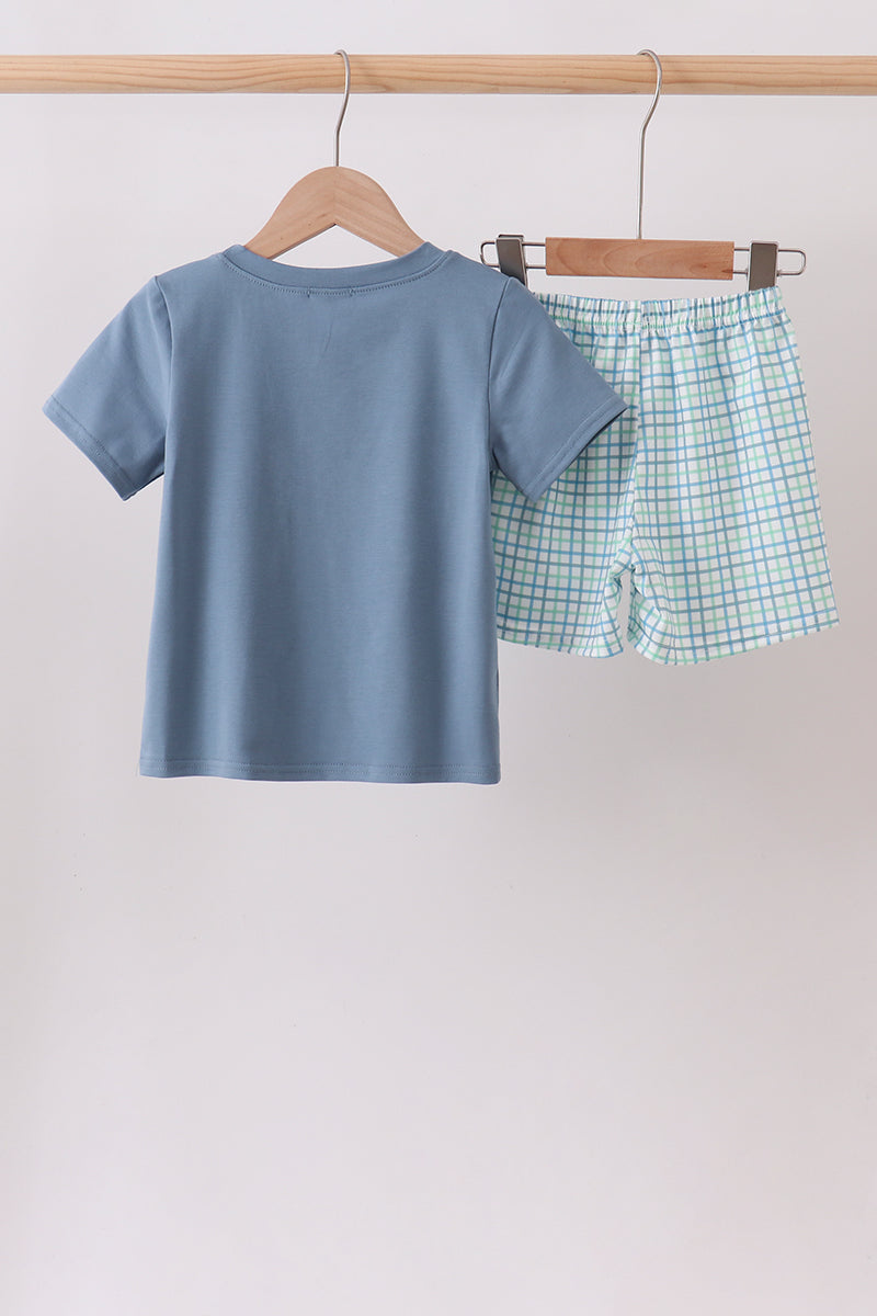 Blue Apple Crayon French Knot Plaid Shorts Set