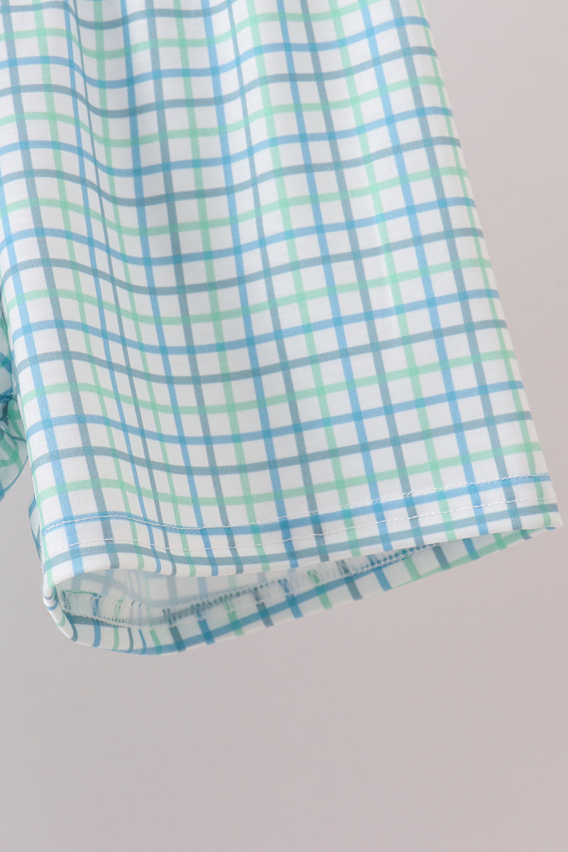 Blue Apple Crayon French Knot Plaid Shorts Set