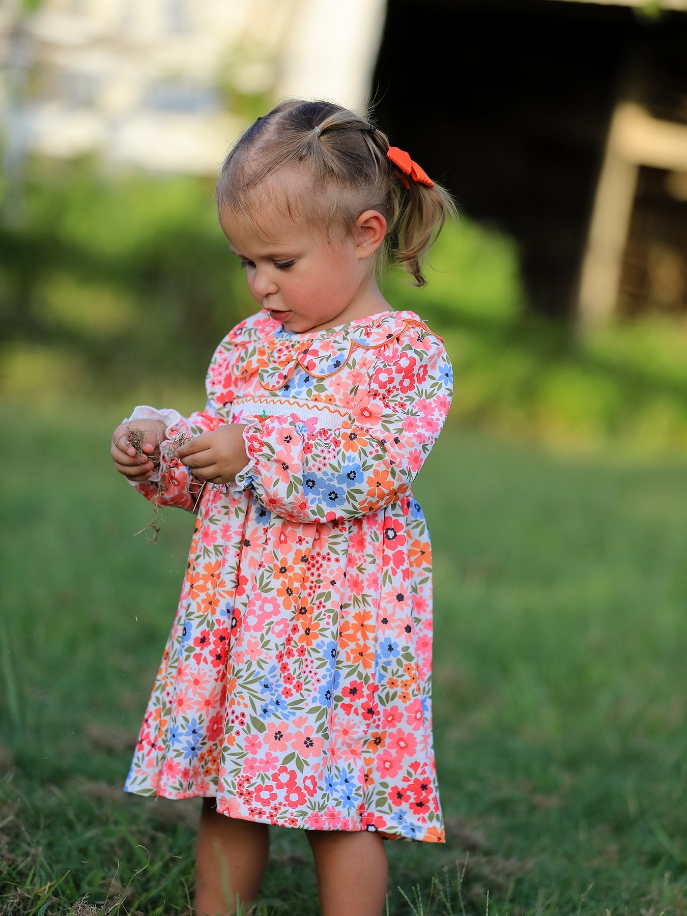 Fall Halloween & Thanksgiving Pumpkin Bow Smock Embroidered Floral Dress