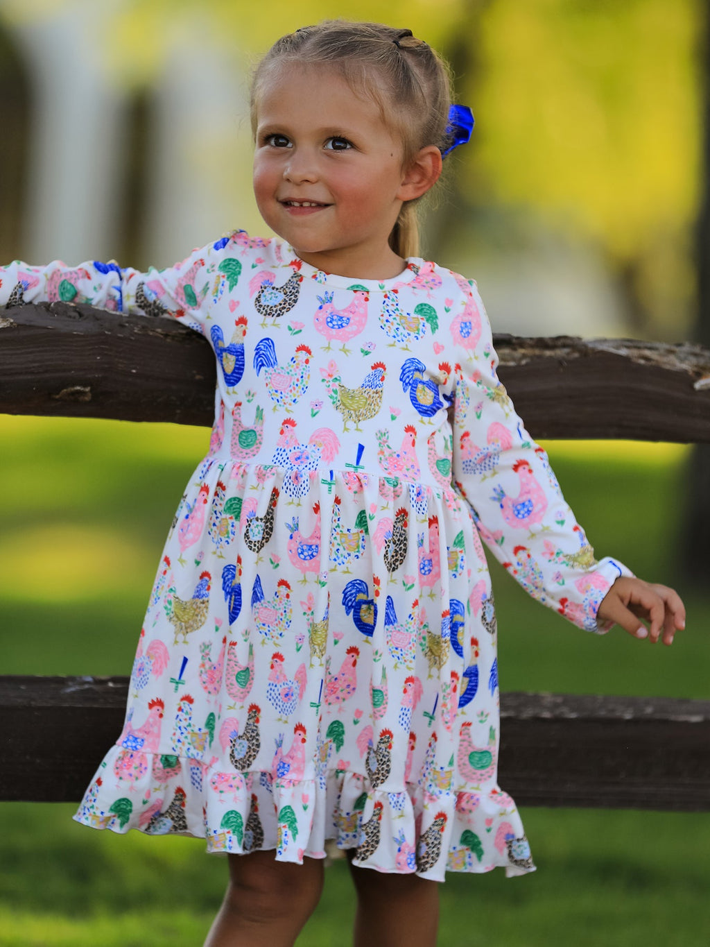 Fall Farm Chicken Print Girls Ruffle Hem Twirl Dress