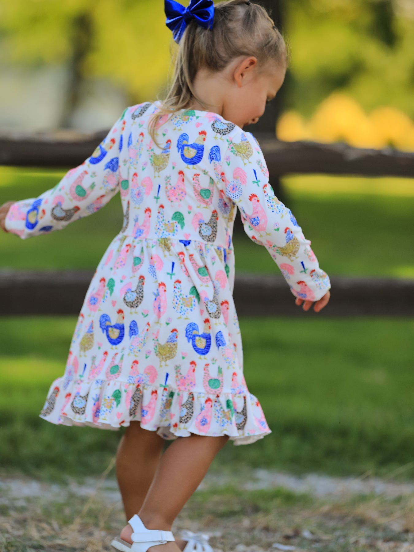 Fall Farm Chicken Print Girls Ruffle Hem Twirl Dress