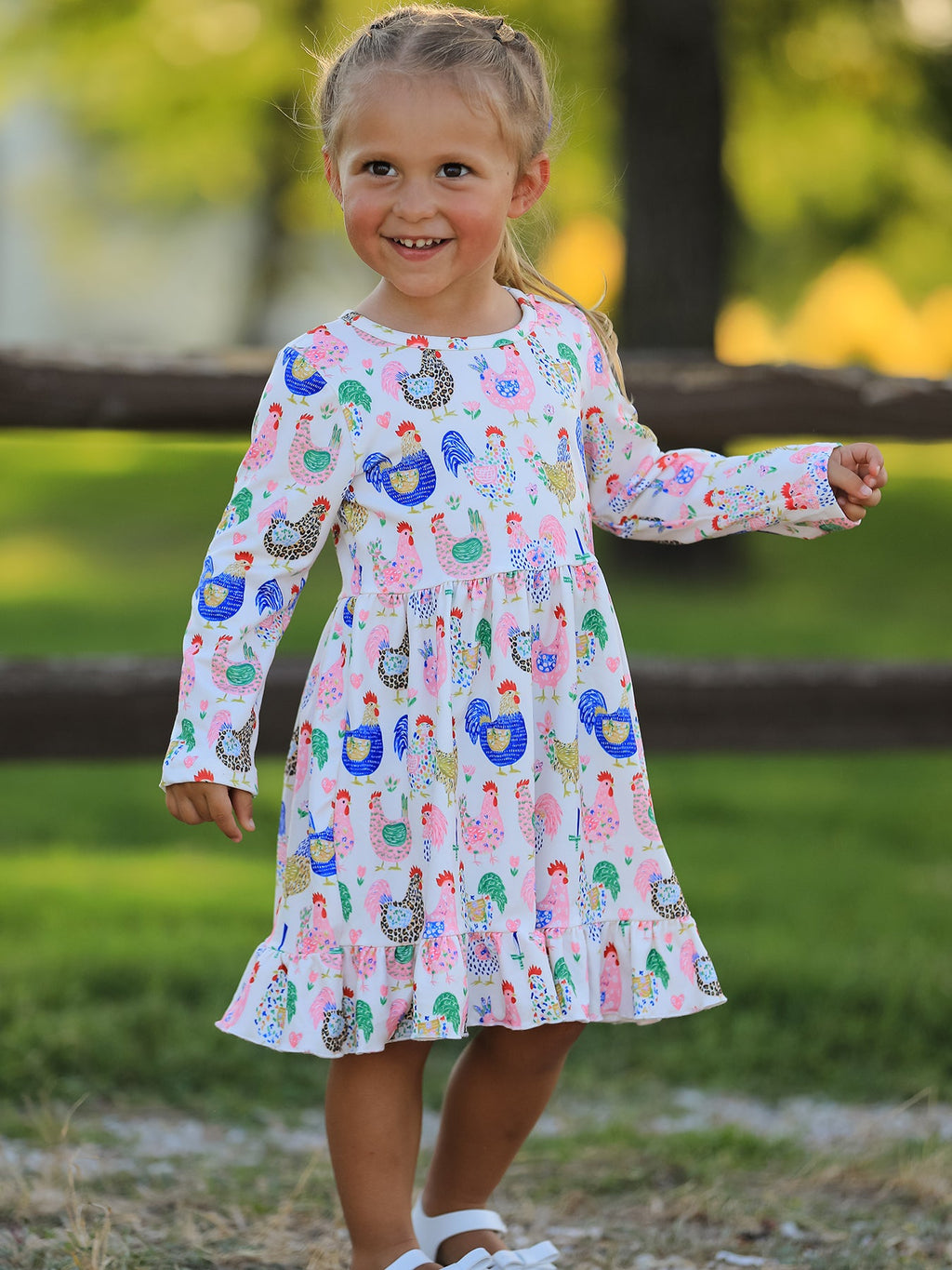 Fall Farm Chicken Print Girls Ruffle Hem Twirl Dress