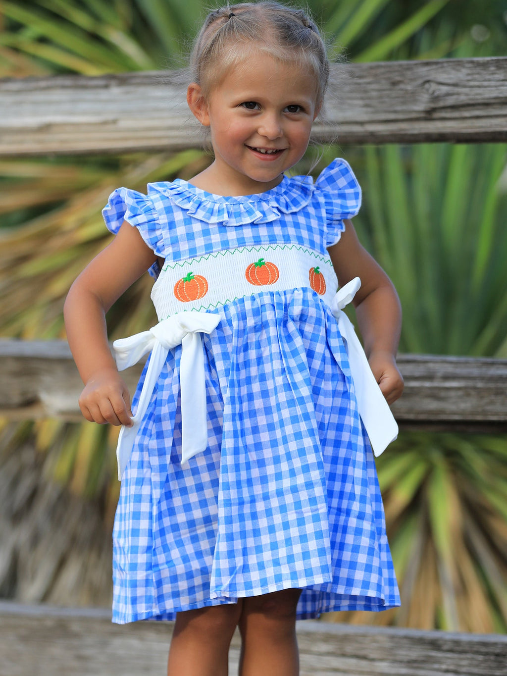 Fall Thanksgiving& Halloween Blue Pumpkin Smock Embroidery Baby Girl Dress