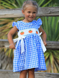 Fall Thanksgiving& Halloween Blue Pumpkin Smock Embroidery Baby Girl Dress
