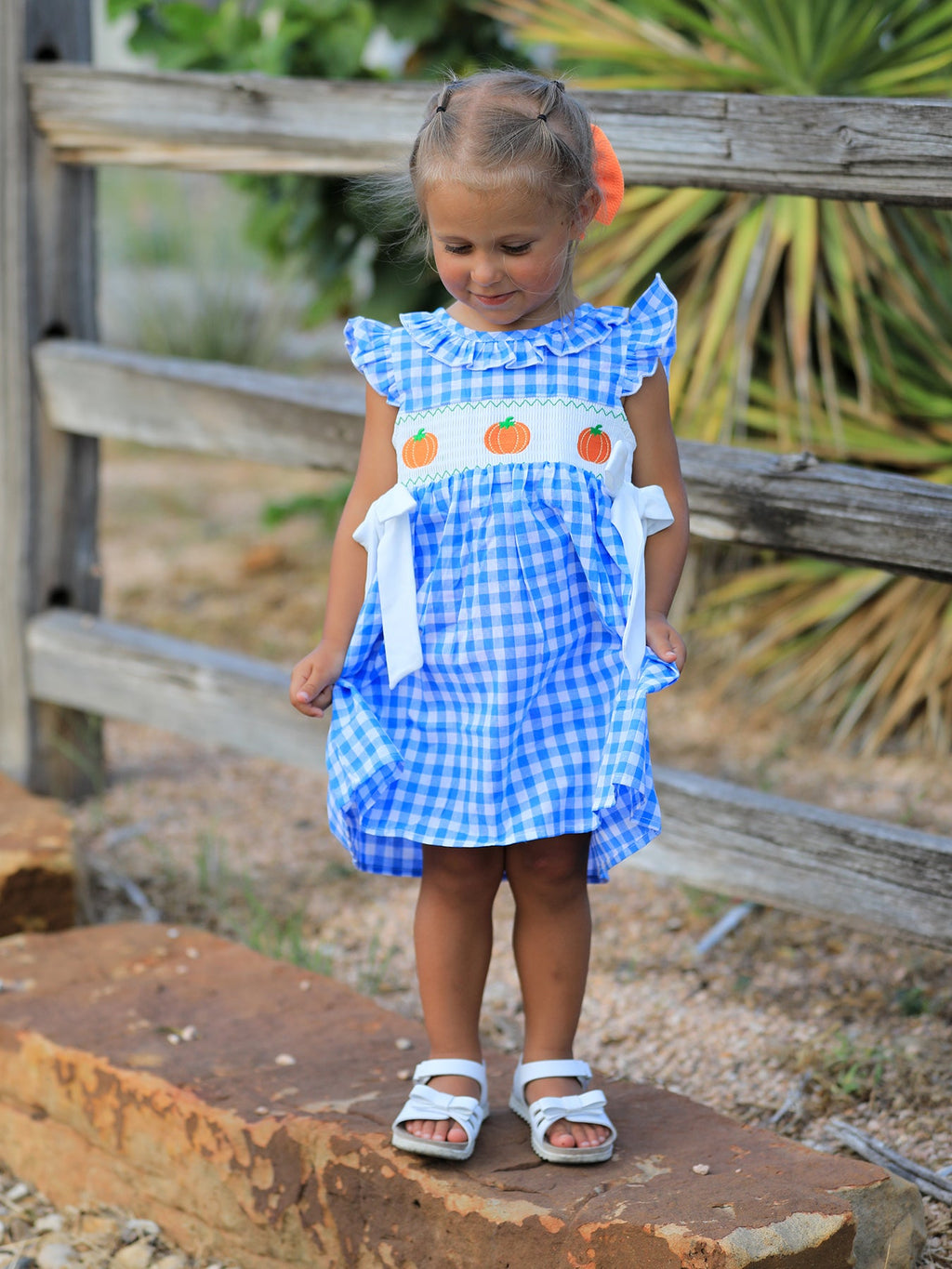Fall Thanksgiving& Halloween Blue Pumpkin Smock Embroidery Baby Girl Dress