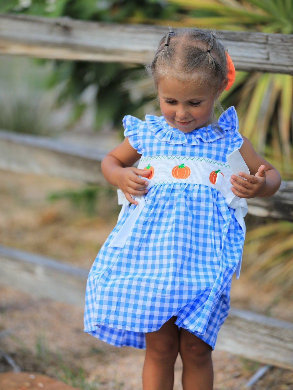 Fall Thanksgiving& Halloween Blue Pumpkin Smock Embroidery Baby Girl Dress
