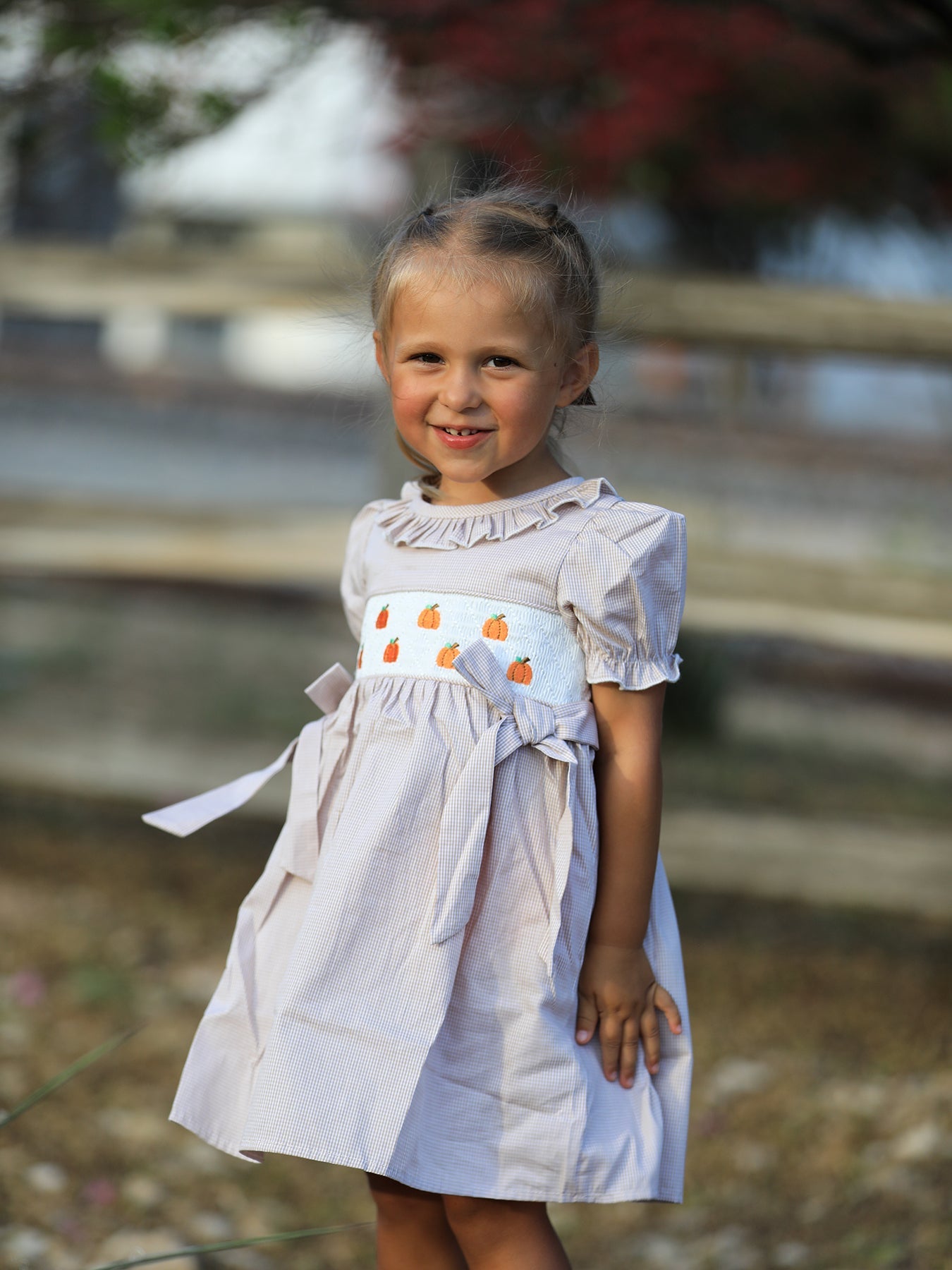 Fall Thanksgiving Pumpkin Embroidery Smock Plaid Girls Dress