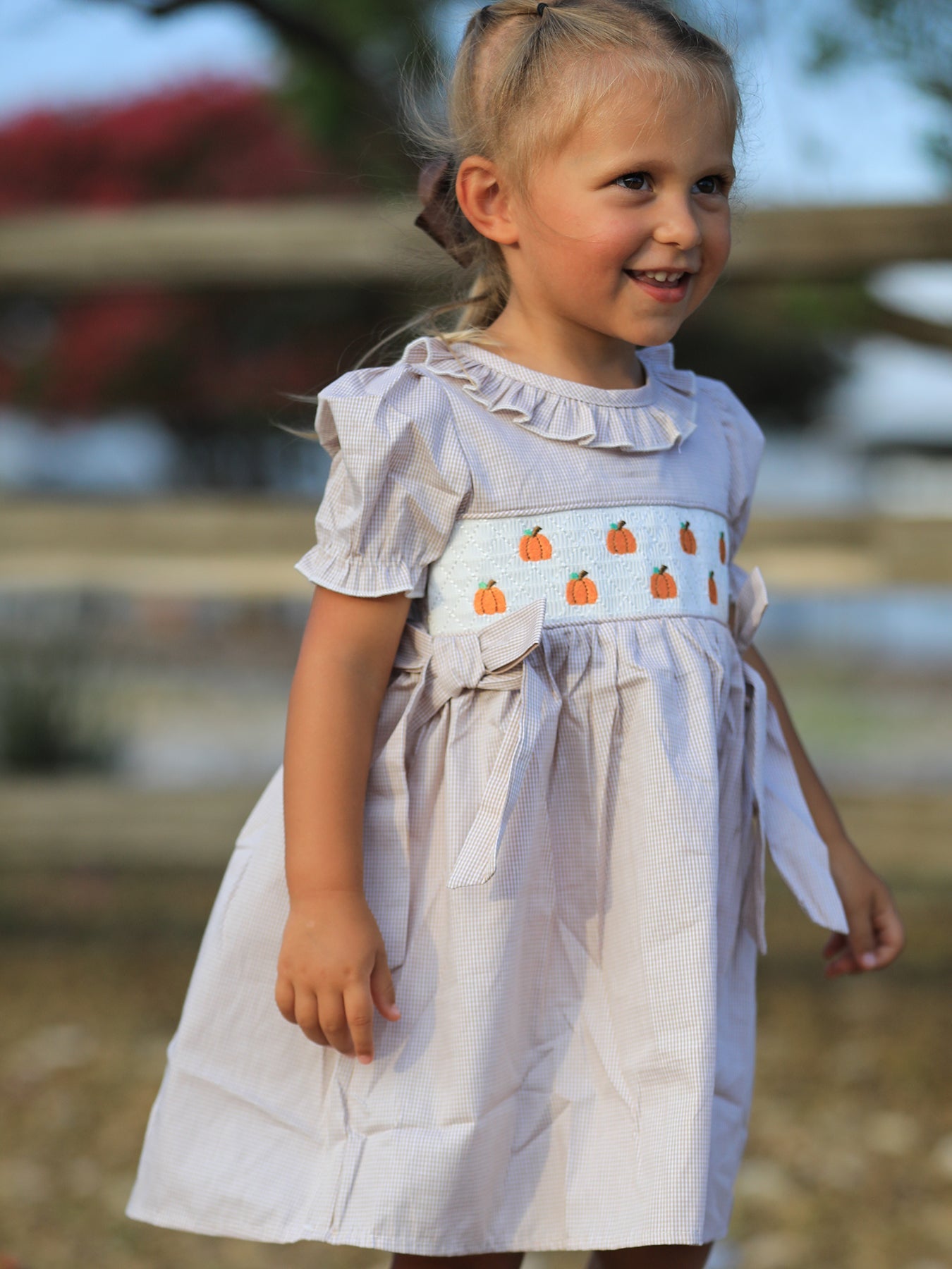 Fall Thanksgiving Pumpkin Embroidery Smock Plaid Girls Dress