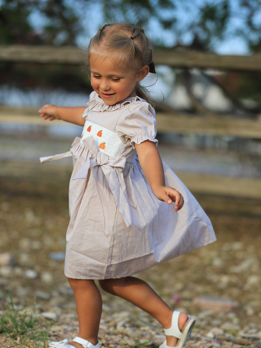 Fall Thanksgiving Pumpkin Embroidery Smock Plaid Girls Dress