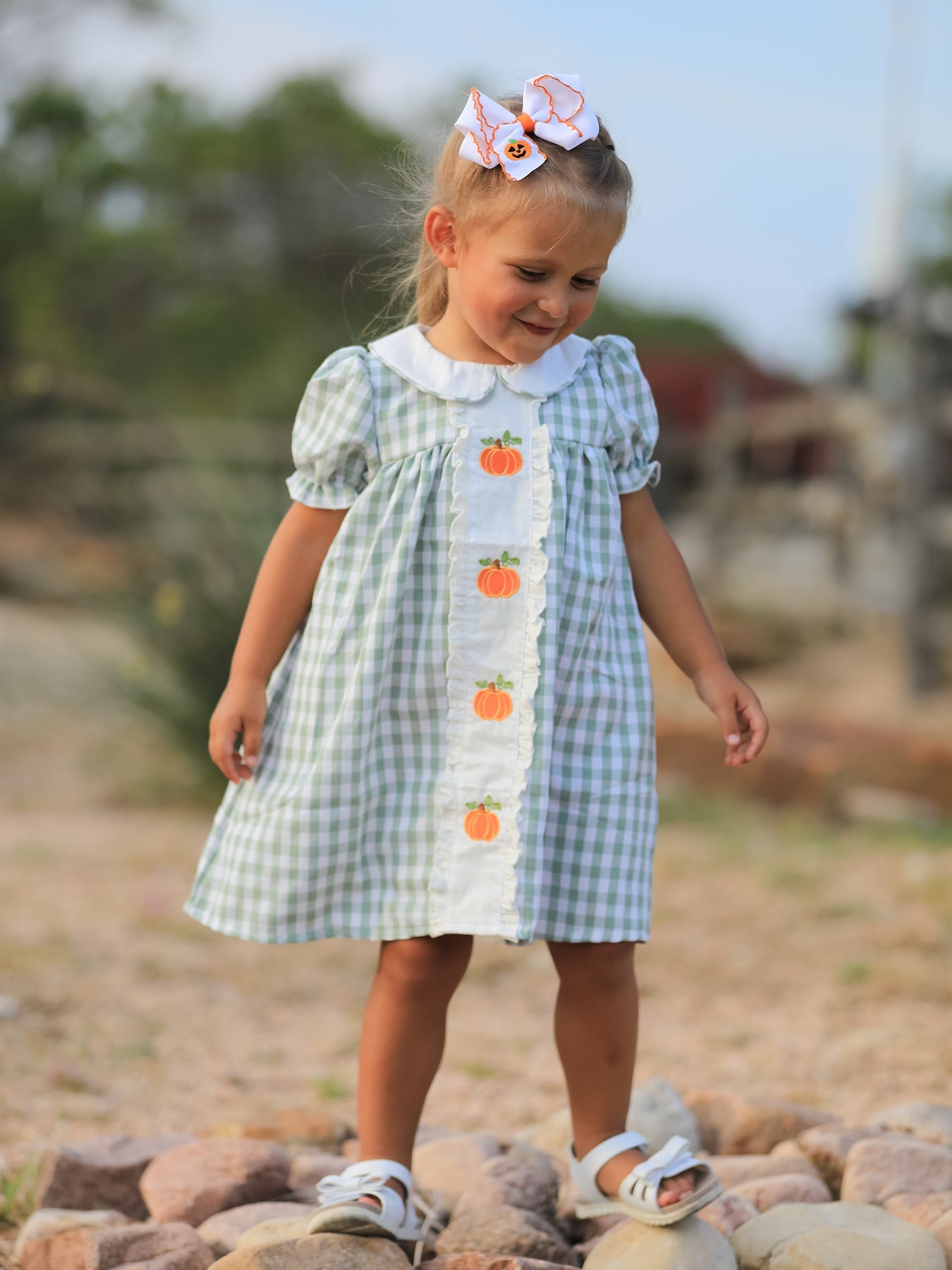 Fall Halloween & Thanksgiving Pumpkin Applique Plaid Green Girls Dress