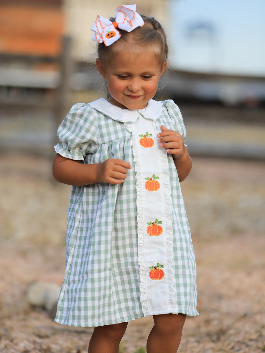Fall Halloween & Thanksgiving Pumpkin Applique Plaid Green Girls Dress