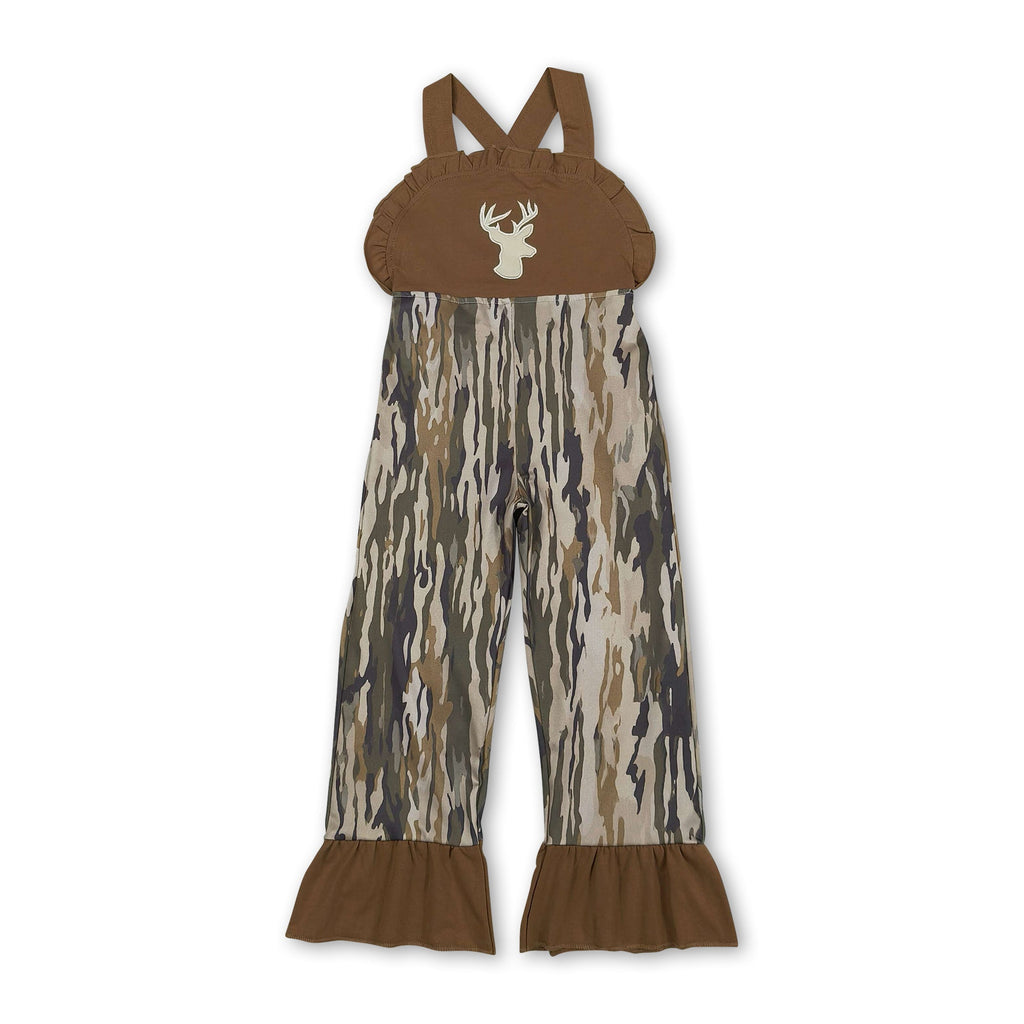 Deer embroidery brown ruffle camo kids girls jumpsuit