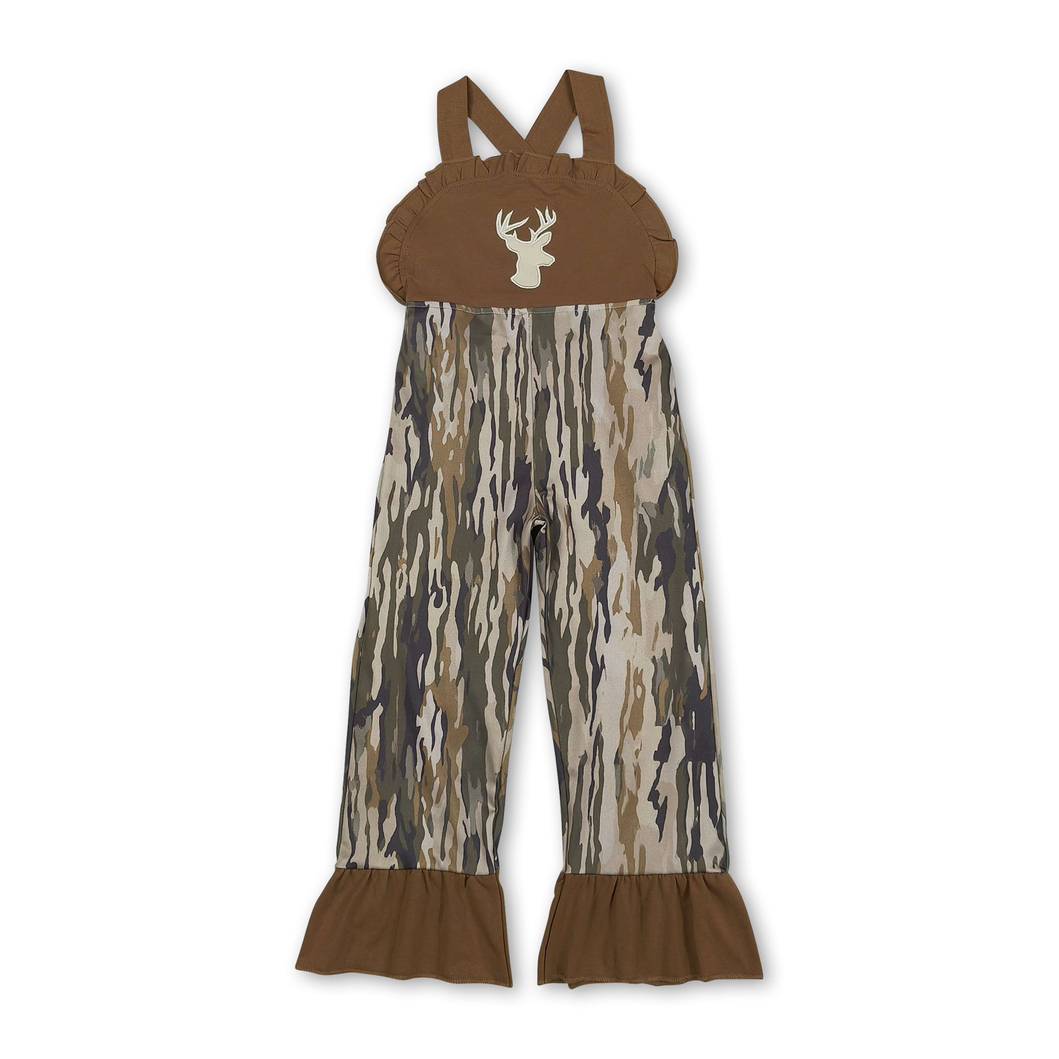 Deer embroidery brown ruffle camo kids girls jumpsuit
