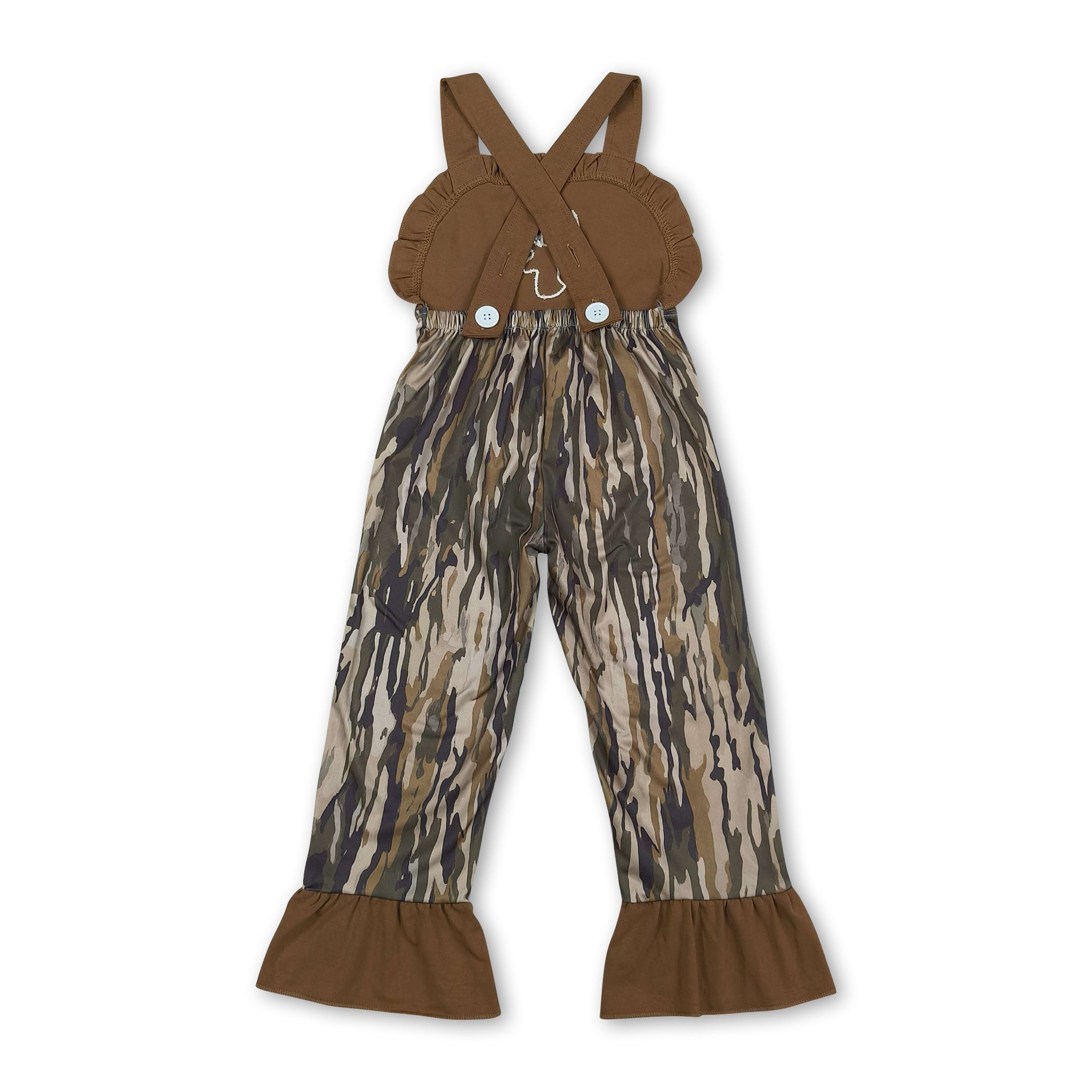 Deer embroidery brown ruffle camo kids girls jumpsuit