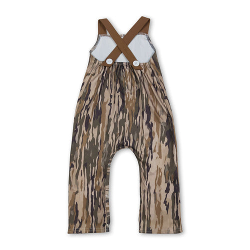 Brown straps deer embroidery pocket camo baby boy jumpsuit