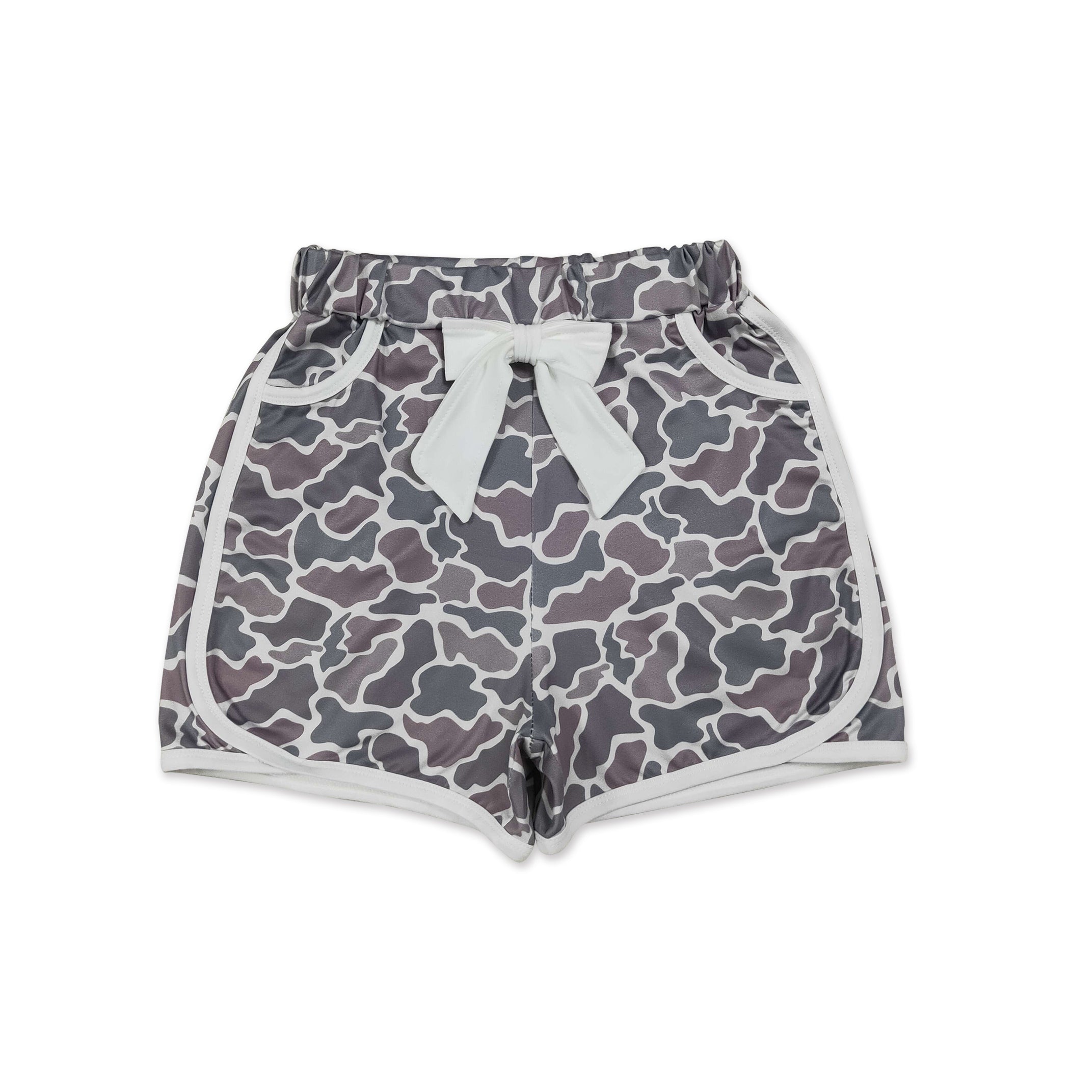 White bow camo pockets kids girls summer shorts