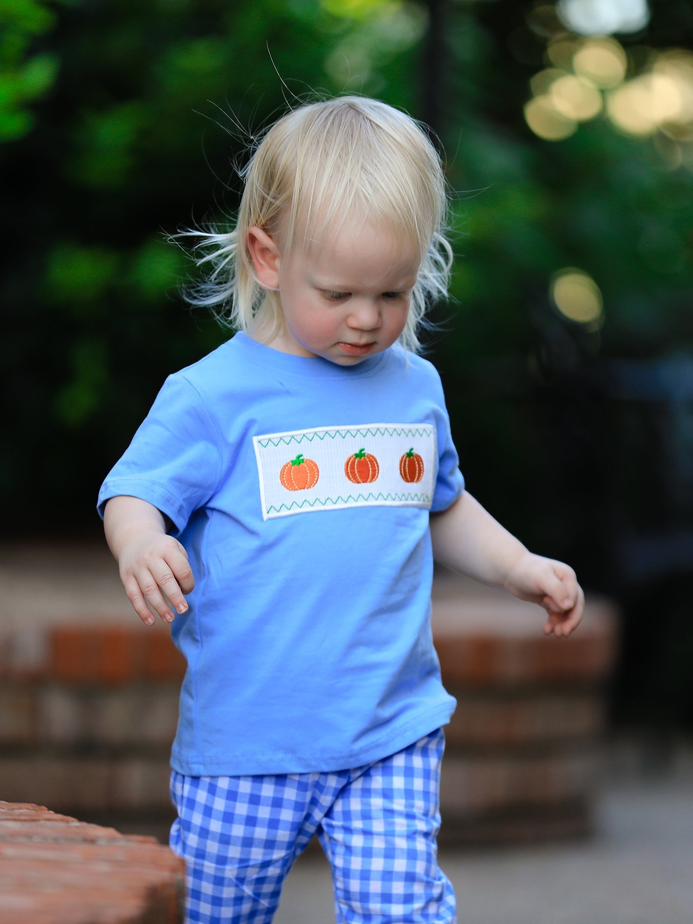 Fall Thanksgiving& Halloween Blue Pumpkin Smock Embroidery Baby Boy'Set