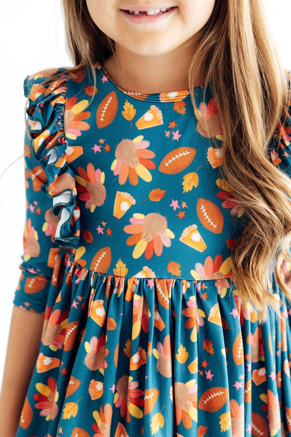 Gobble til You Wobble 3/4 Sleeve Ruffle Twirl Dress